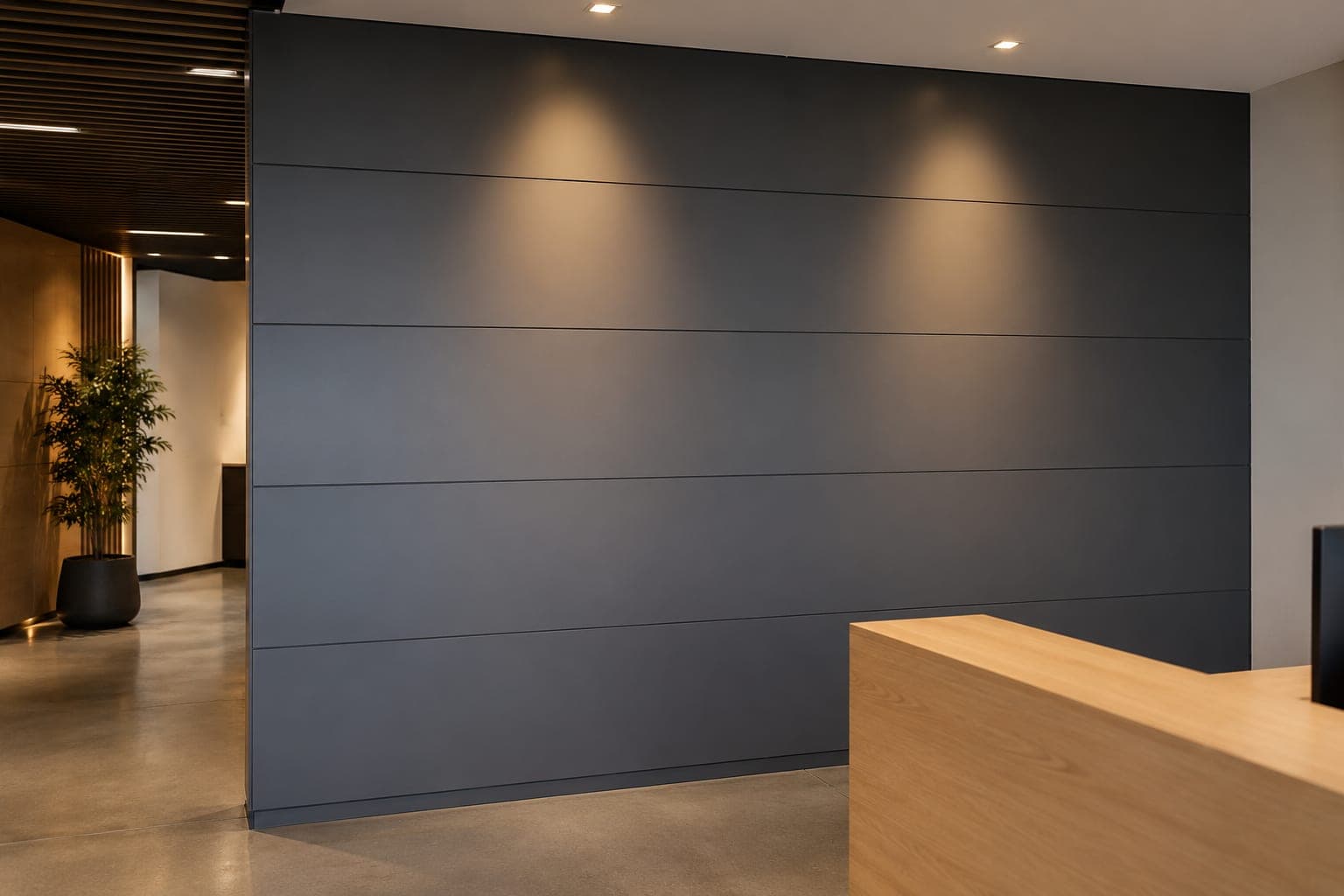 Corporate lobby with a matte slate-gray panel accent wall lit by warm downlights, wood reception desk edge in the foreground