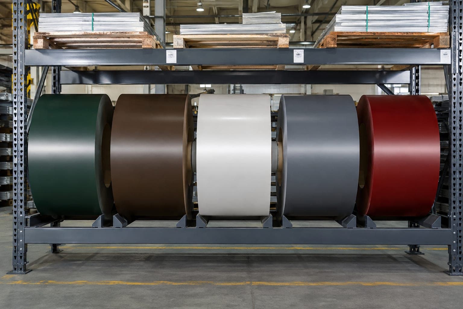 Five prepainted aluminum coils in forest green, brown, white, gray, and red racked side by side in a warehouse
