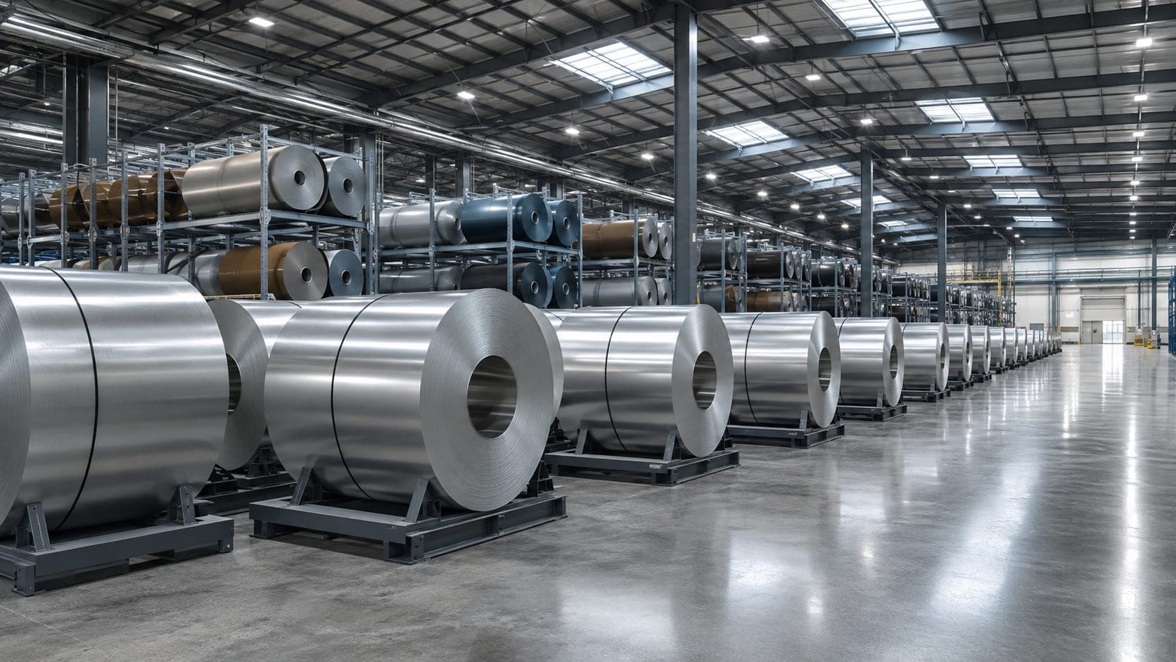 Warehouse aisle with mill-finish aluminum coil stacked on steel skids, under skylights and LED high-bay lighting